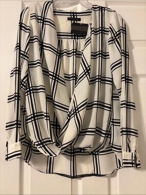 PURE SUGAR Draped Black & White Plaid Blouse - Petite Sophisticate